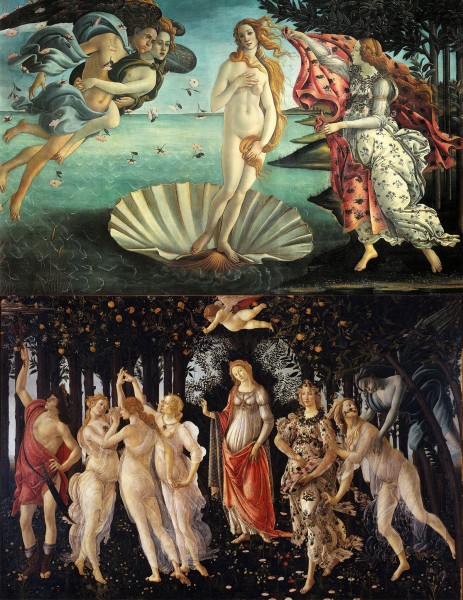 (Arriba) Botticelli, El Nacimiento de Venus, 1485. (Abajo) LA primavera, 1482. Ambas pinturas se encuentran en Galleria degli Uffizi.