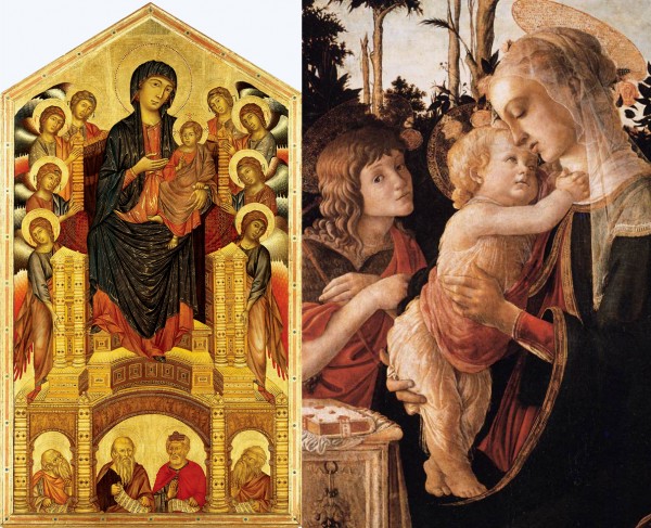 (Izquierda) Cimabue, Virgen con el niño en majestad,  c. 1280- 1290. (Derecha) Botticelli, Virgen con niño y San Juan Butista, 1470- 1475.