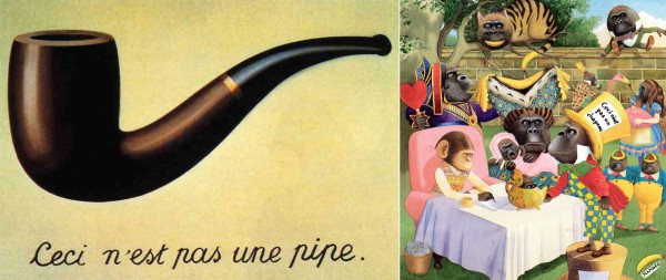 Izquierda. René Magritte, Ceci n'est pas une pipe, 1929. Derecha. Alusión de Anthony Browne a René Magritte en su representación de Alicía en el país de las Maravillas. Willy el soñador, 1997.