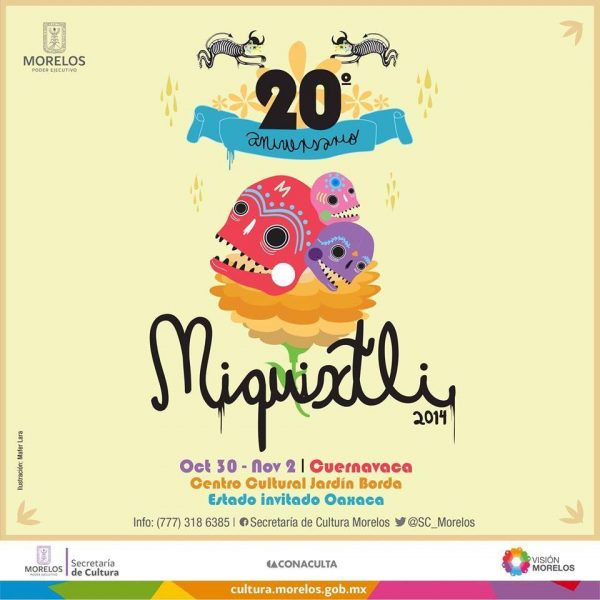 Cartel oficial del Festival Miquixtli 2014, ilustraciones de la artista morelense Mafer Lara.